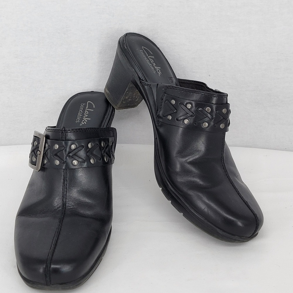 Clarks Bendables Black Leather Heeled Mules Buckle Clogs 83544 Womens 9M